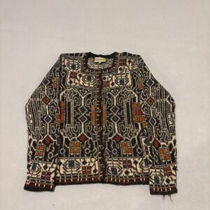 Vintage 90s Alpaca Cardigan Sweater Womens Small Geometric Tribal Knit Brown
